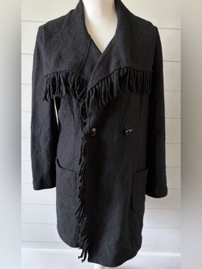 Chicos 3/4 Length Wool Blend Unlined Black Sweater Jacket Size 1 M Fringe FLAW